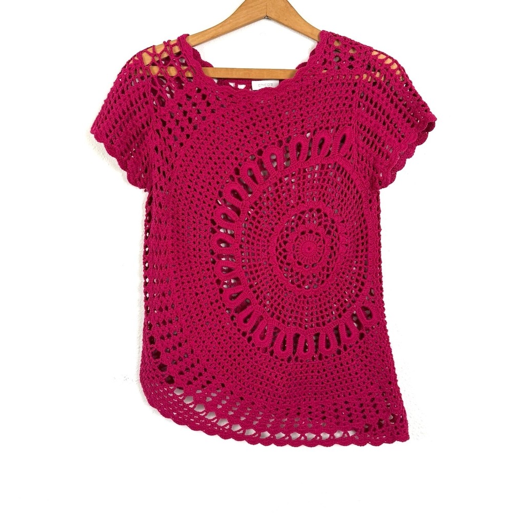 Chico's Women Crochet Top Sweater Size 0 (US Small/4) Vacation Resort Coastal